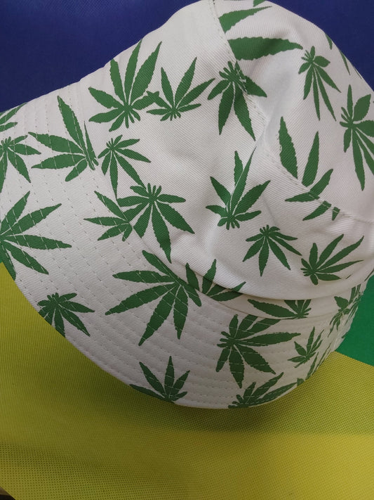 White/ green leaf reversible marijuana leaf bucket hat