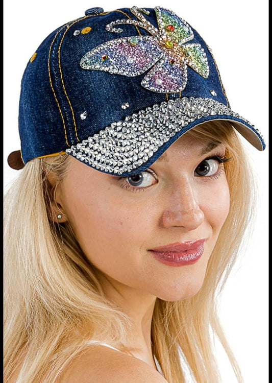 Bejeweled Denim Butterfly Hat
