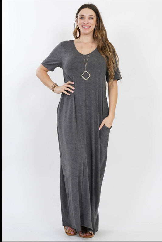 Charcoal plus size short sleeve maxi dress with pockets