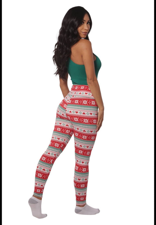 Green/Red Fleeced Lined Holiday Print Leggings