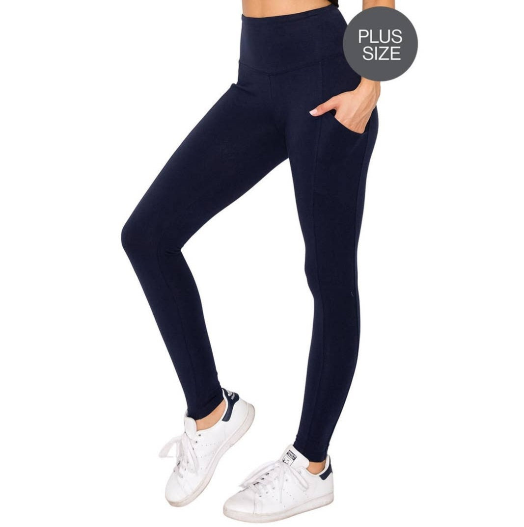 Women's wide waistband leggings with pockets Navy Blue
