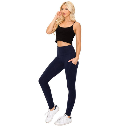 Women's wide waistband leggings with pockets Navy Blue